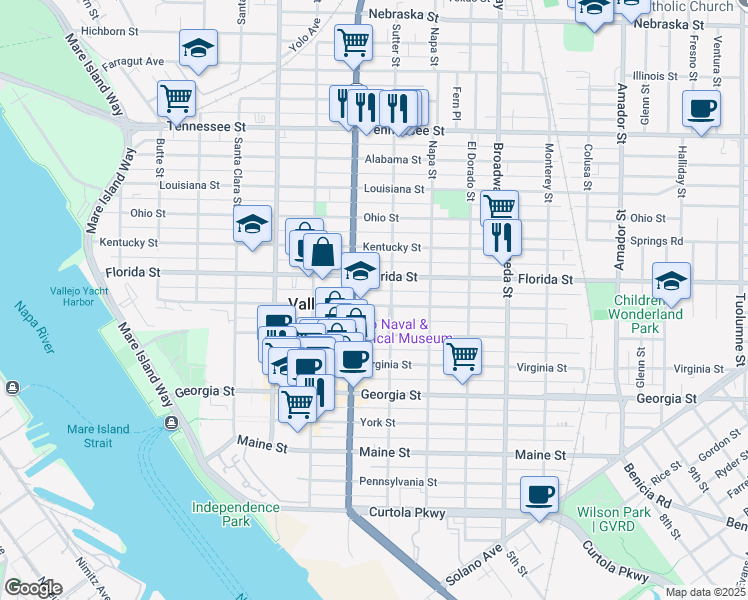 map of restaurants, bars, coffee shops, grocery stores, and more near 620 Carolina Street in Vallejo