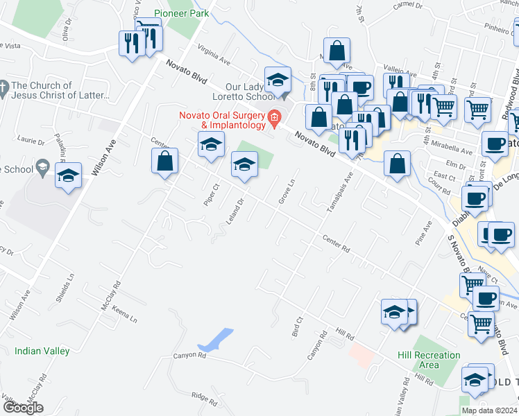 map of restaurants, bars, coffee shops, grocery stores, and more near 10 Crescent Lane in Novato