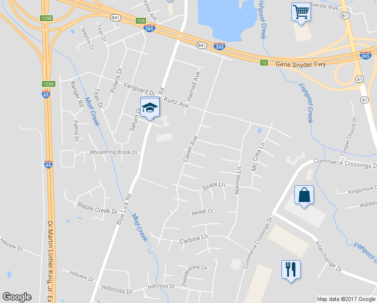 map of restaurants, bars, coffee shops, grocery stores, and more near Caven Avenue in Louisville