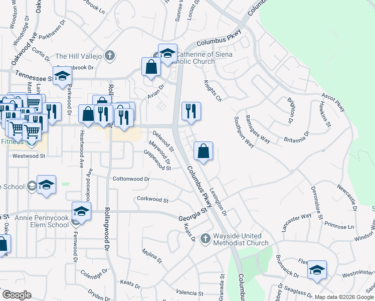 map of restaurants, bars, coffee shops, grocery stores, and more near 1063 Azevedo Ranch Road in Vallejo