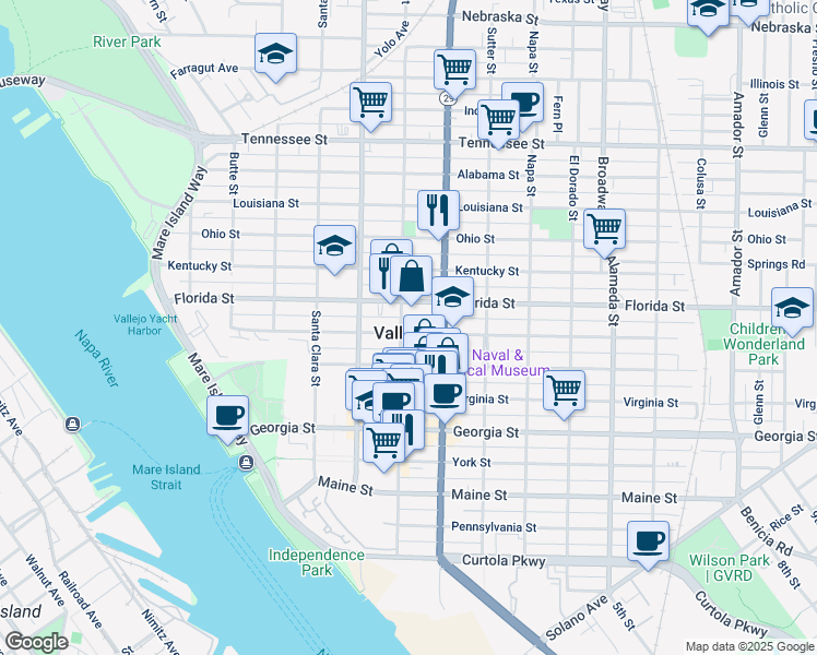 map of restaurants, bars, coffee shops, grocery stores, and more near in Vallejo