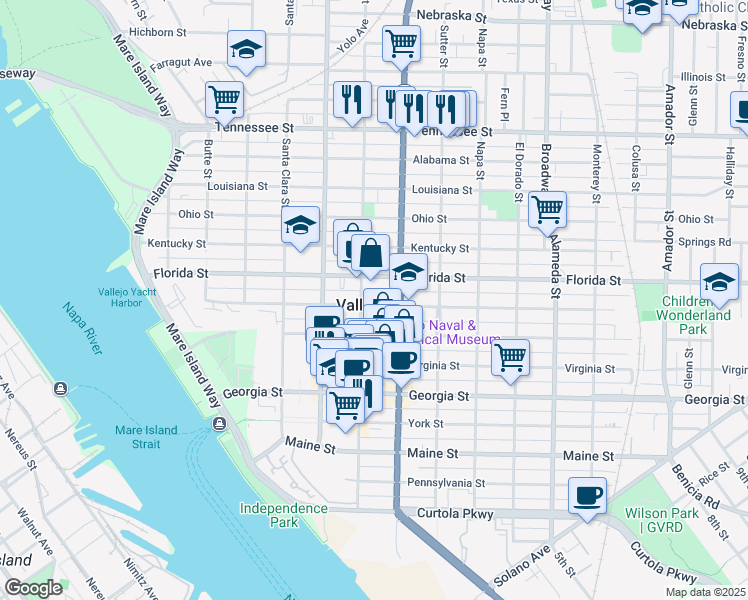 map of restaurants, bars, coffee shops, grocery stores, and more near 609 Florida Street in Vallejo