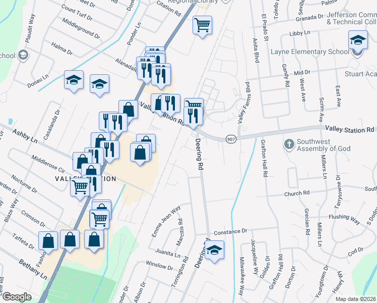 map of restaurants, bars, coffee shops, grocery stores, and more near 5600 Chariot Run Drive in Louisville