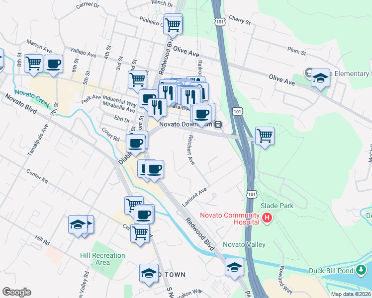 map of restaurants, bars, coffee shops, grocery stores, and more near 840 Reichert Avenue in Novato