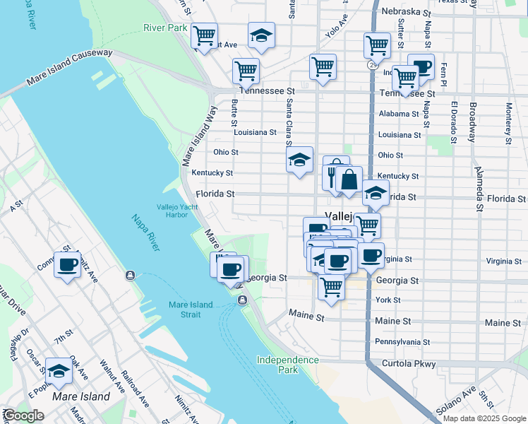 map of restaurants, bars, coffee shops, grocery stores, and more near 140 Carolina Street in Vallejo