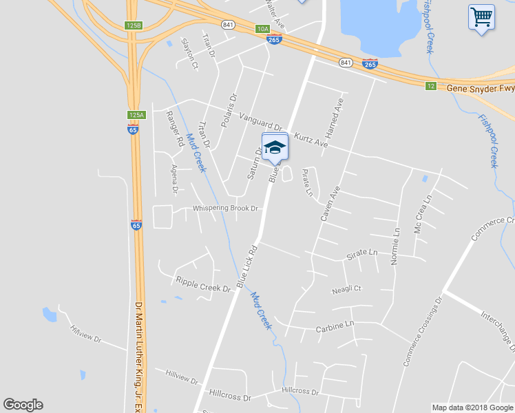 map of restaurants, bars, coffee shops, grocery stores, and more near 9822 Blue Lick Road in Louisville