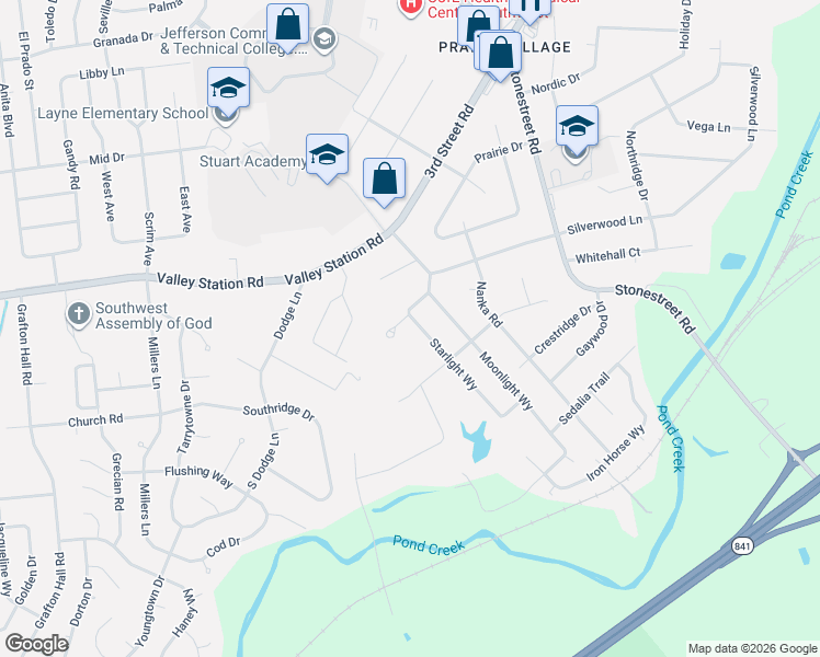 map of restaurants, bars, coffee shops, grocery stores, and more near 10214 Starlight Way in Louisville