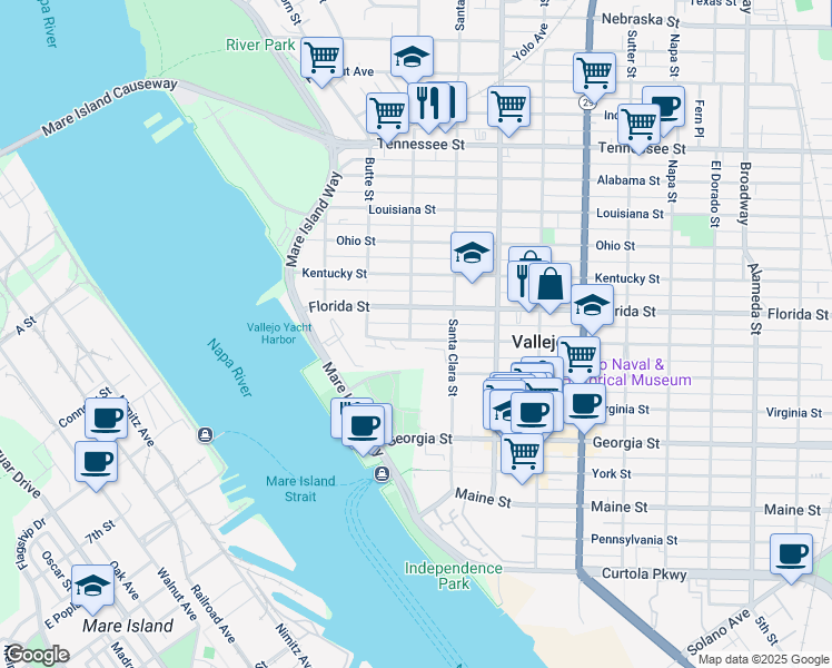 map of restaurants, bars, coffee shops, grocery stores, and more near 140 Carolina Street in Vallejo