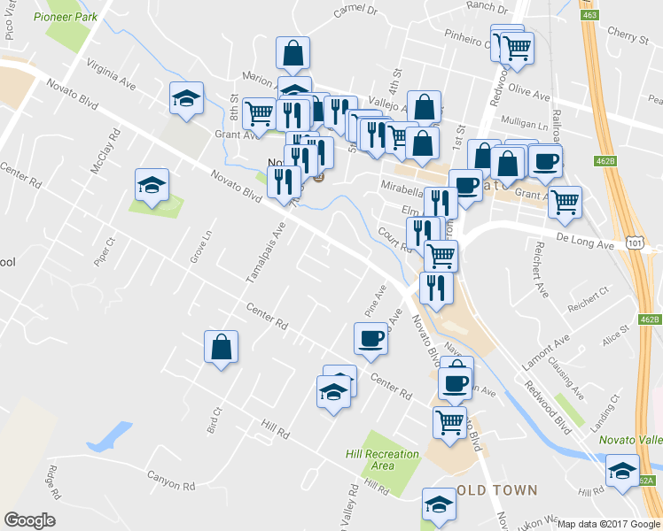 map of restaurants, bars, coffee shops, grocery stores, and more near Novato Court in Walnut Creek