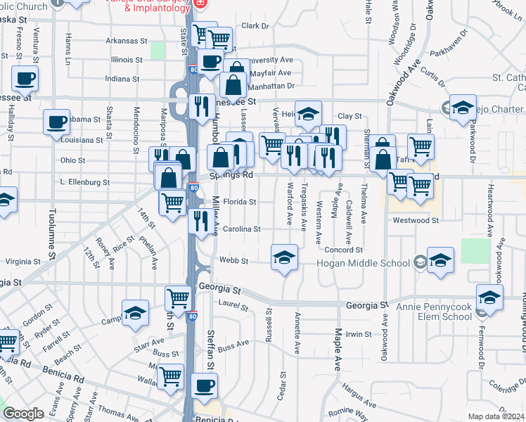 map of restaurants, bars, coffee shops, grocery stores, and more near 526 Sheldon Avenue in Vallejo