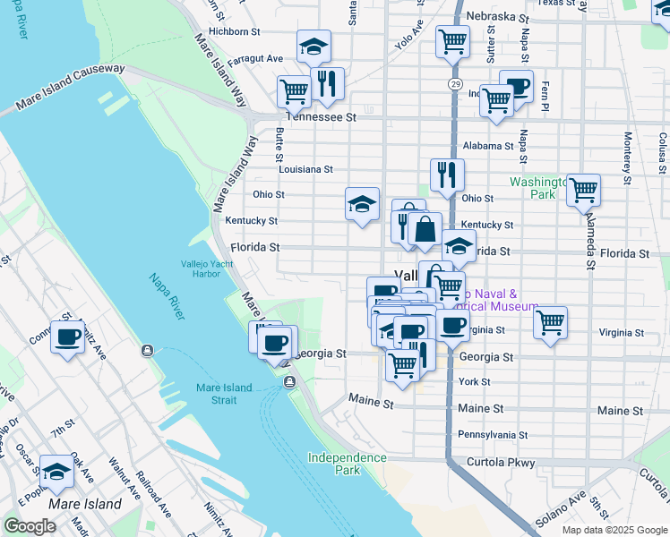 map of restaurants, bars, coffee shops, grocery stores, and more near 232 Carolina Street in Vallejo