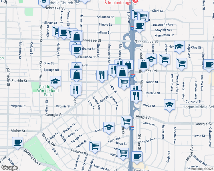 map of restaurants, bars, coffee shops, grocery stores, and more near 2013 Solano Avenue in Vallejo