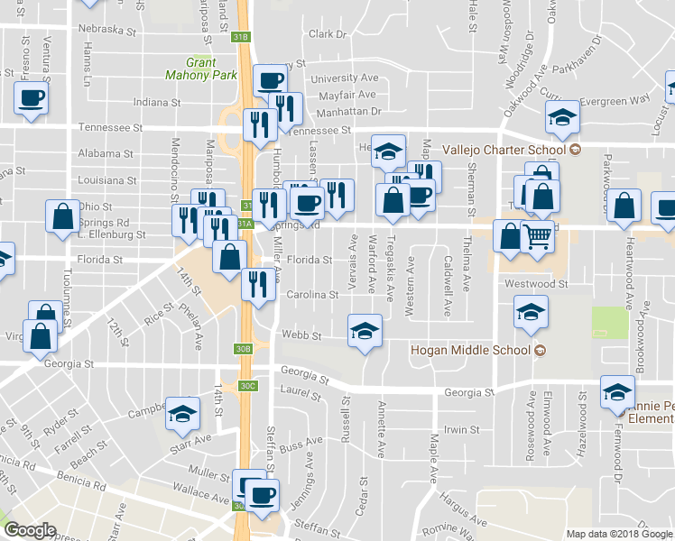 map of restaurants, bars, coffee shops, grocery stores, and more near 526 Sheldon Avenue in Vallejo