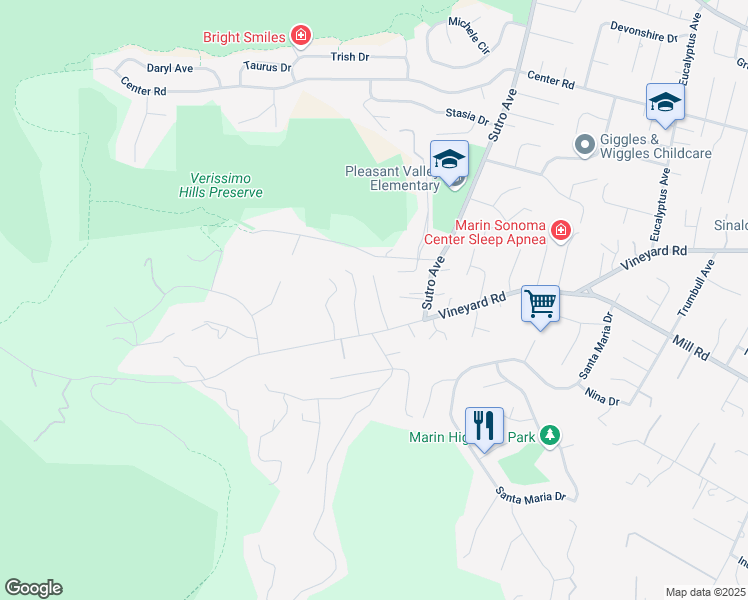 map of restaurants, bars, coffee shops, grocery stores, and more near 25 Stirrup Lane in Novato