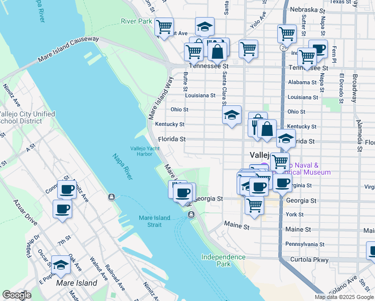 map of restaurants, bars, coffee shops, grocery stores, and more near in Vallejo