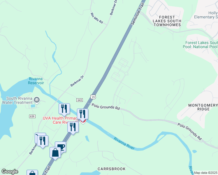 map of restaurants, bars, coffee shops, grocery stores, and more near 2573 U.S. 29 in Charlottesville