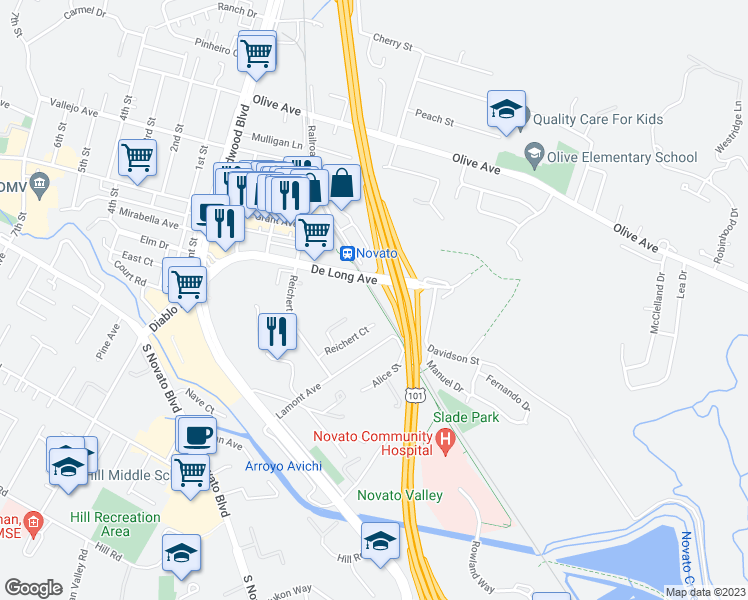 map of restaurants, bars, coffee shops, grocery stores, and more near 701 De Long Avenue in Novato
