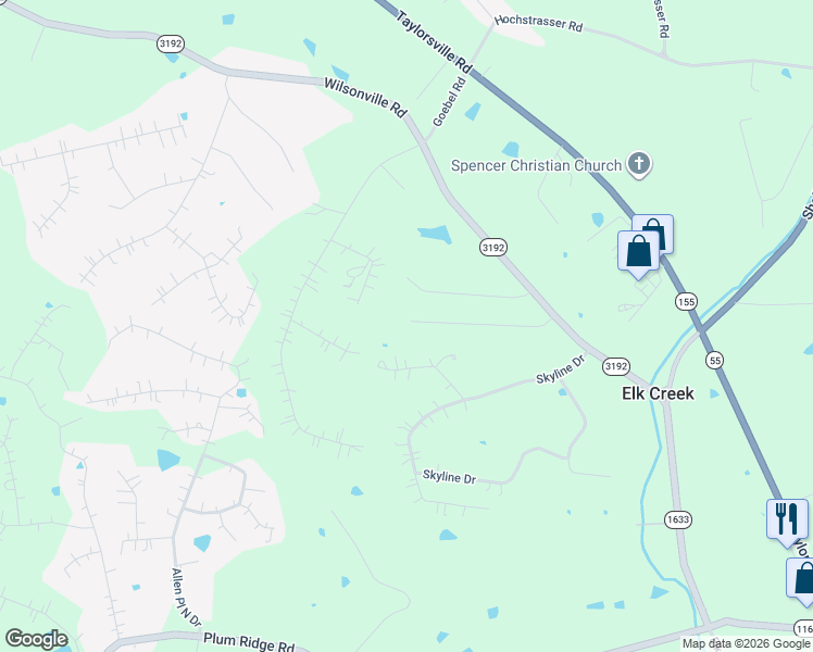 map of restaurants, bars, coffee shops, grocery stores, and more near 138-208 Wooded Creek Court in Taylorsville