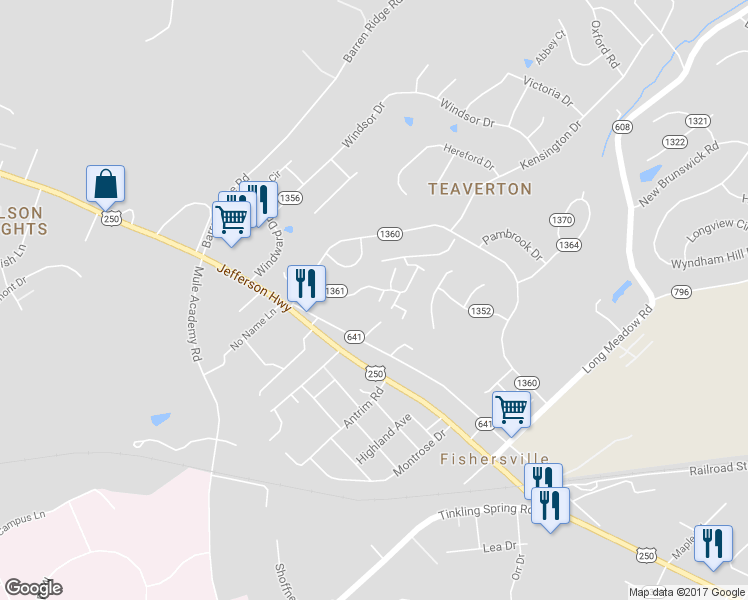 map of restaurants, bars, coffee shops, grocery stores, and more near 13 Warwick Lane in Fishersville