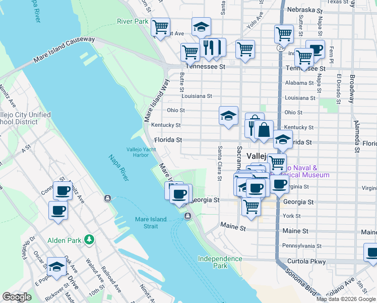 map of restaurants, bars, coffee shops, grocery stores, and more near 140 Carolina Street in Vallejo