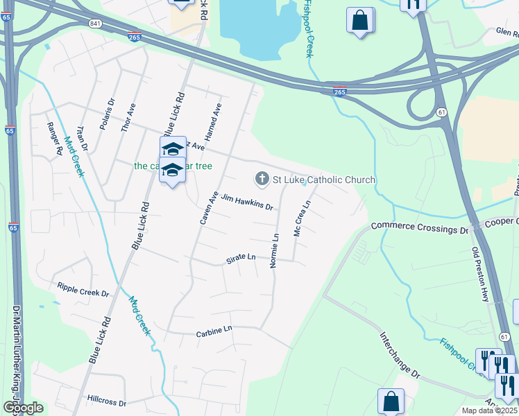 map of restaurants, bars, coffee shops, grocery stores, and more near 4206 Jim Hawkins Drive in Louisville