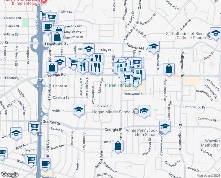map of restaurants, bars, coffee shops, grocery stores, and more near 1051 Thelma Avenue in Vallejo
