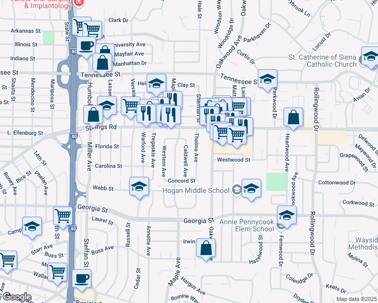map of restaurants, bars, coffee shops, grocery stores, and more near 1050 Caldwell Ave in Vallejo
