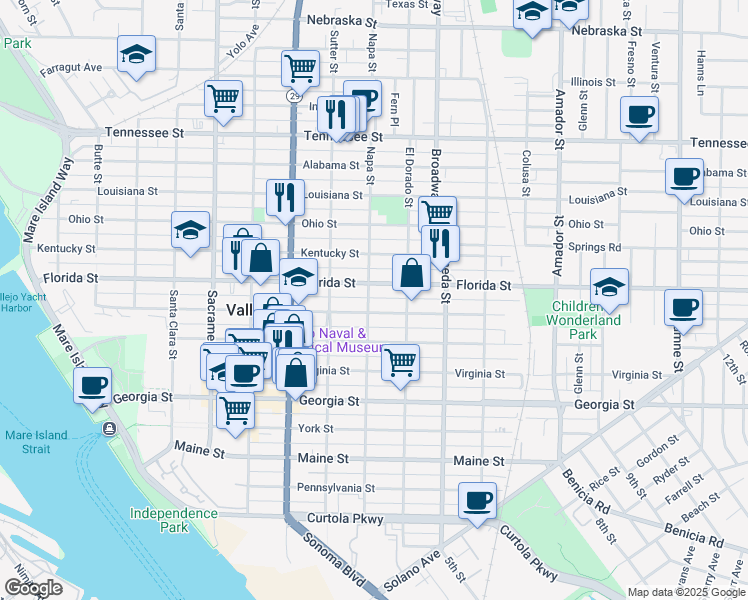 map of restaurants, bars, coffee shops, grocery stores, and more near 1012 Napa Street in Vallejo