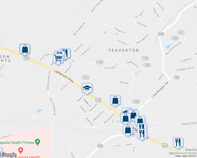 map of restaurants, bars, coffee shops, grocery stores, and more near 8 Warwick Lane in Fishersville