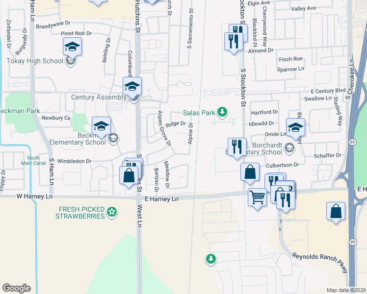 map of restaurants, bars, coffee shops, grocery stores, and more near 108 Tree Court in Lodi