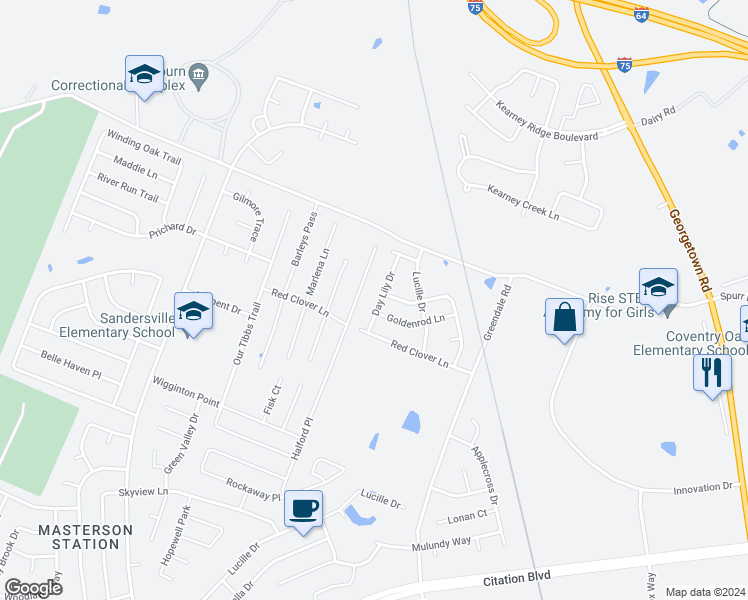 map of restaurants, bars, coffee shops, grocery stores, and more near 1433 Day Lily Drive in Lexington