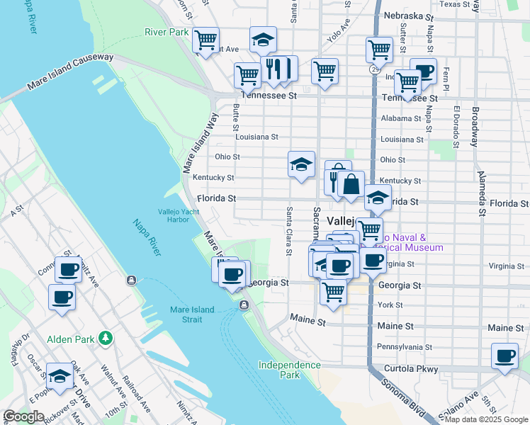 map of restaurants, bars, coffee shops, grocery stores, and more near 140 Carolina Street in Vallejo