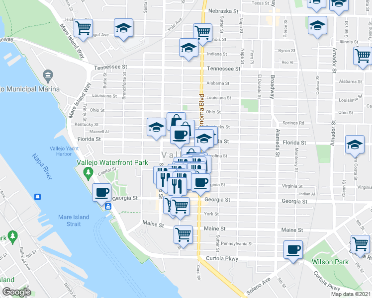 map of restaurants, bars, coffee shops, grocery stores, and more near 609 Florida Street in Vallejo