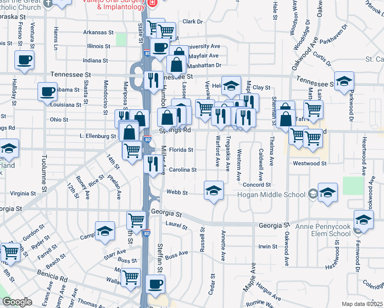 map of restaurants, bars, coffee shops, grocery stores, and more near 531 Sheldon Avenue in Vallejo