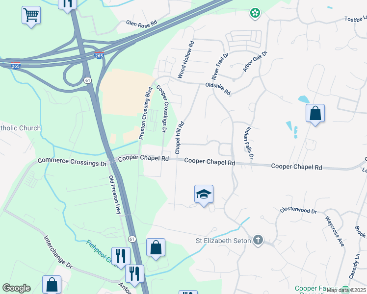 map of restaurants, bars, coffee shops, grocery stores, and more near 5102 Queens Castle Road in Louisville
