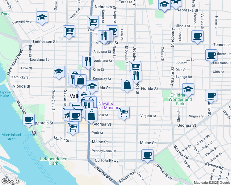 map of restaurants, bars, coffee shops, grocery stores, and more near 1012 Napa Street in Vallejo