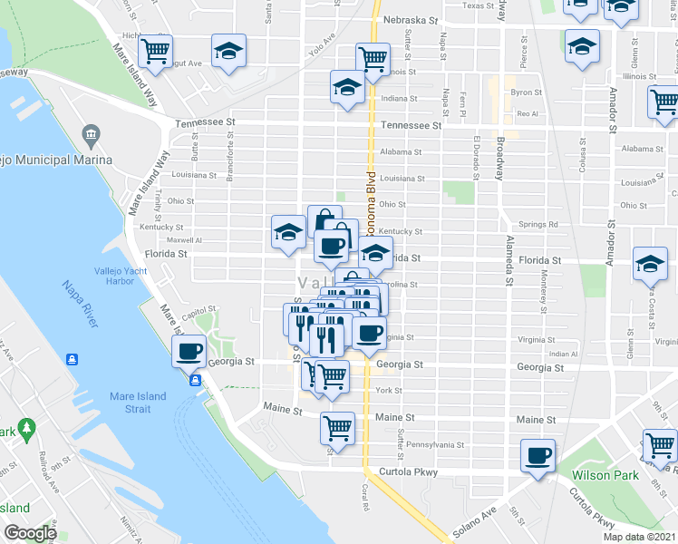 map of restaurants, bars, coffee shops, grocery stores, and more near in Vallejo