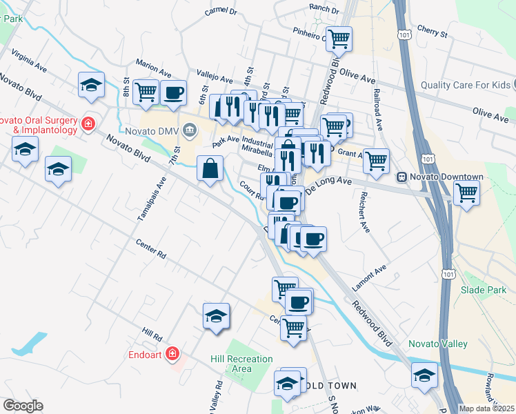 map of restaurants, bars, coffee shops, grocery stores, and more near 1616 Novato Boulevard in Novato