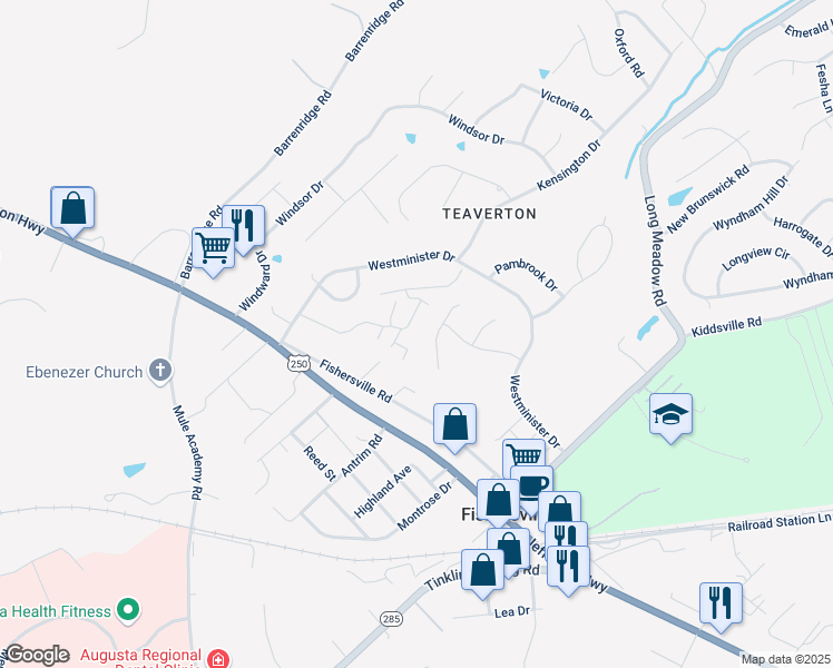 map of restaurants, bars, coffee shops, grocery stores, and more near 19 Berkshire Lane in Fishersville