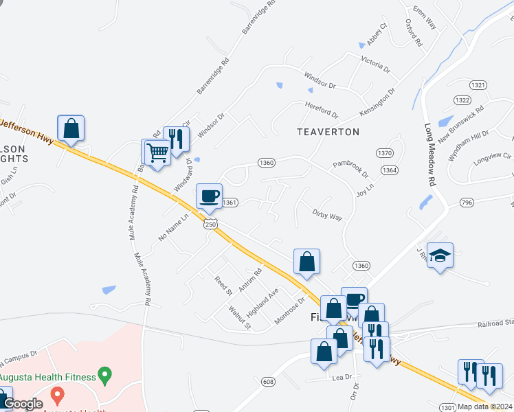 map of restaurants, bars, coffee shops, grocery stores, and more near 11 Warwick Lane in Fishersville
