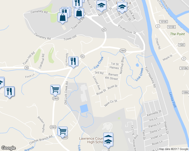 map of restaurants, bars, coffee shops, grocery stores, and more near Springhill Trailer Court in Louisa