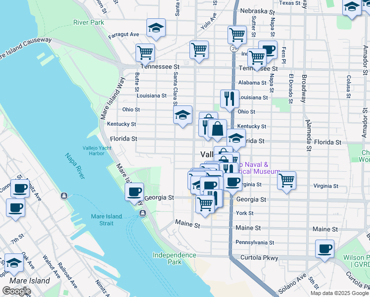 map of restaurants, bars, coffee shops, grocery stores, and more near 324 Lozier Al in Vallejo