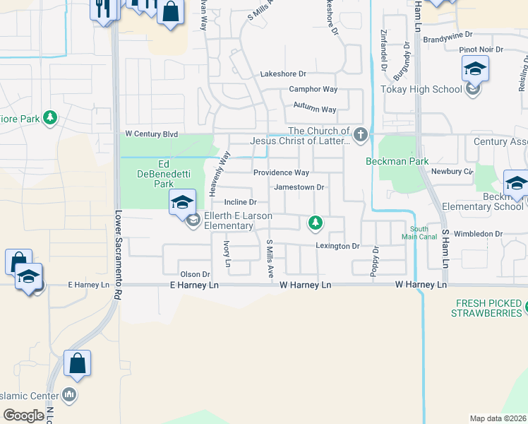 map of restaurants, bars, coffee shops, grocery stores, and more near 2339 South Mills Avenue in Lodi