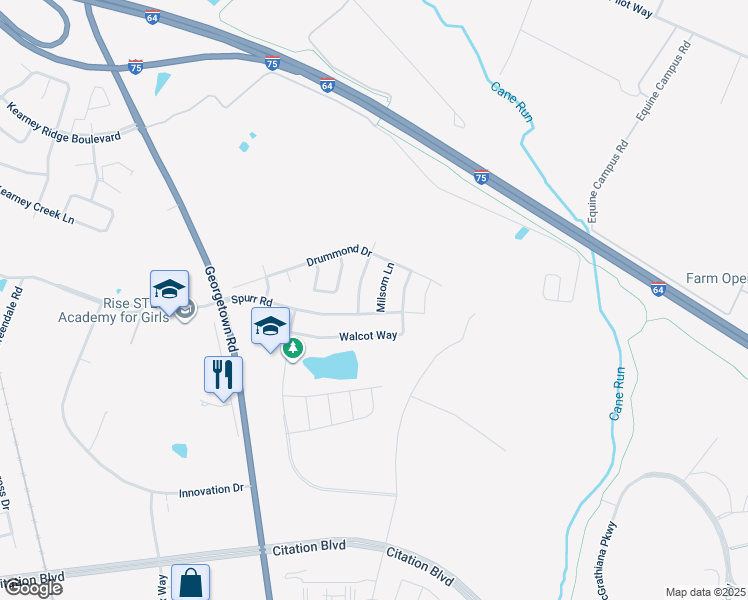 map of restaurants, bars, coffee shops, grocery stores, and more near 2509 Milsom Lane in Lexington