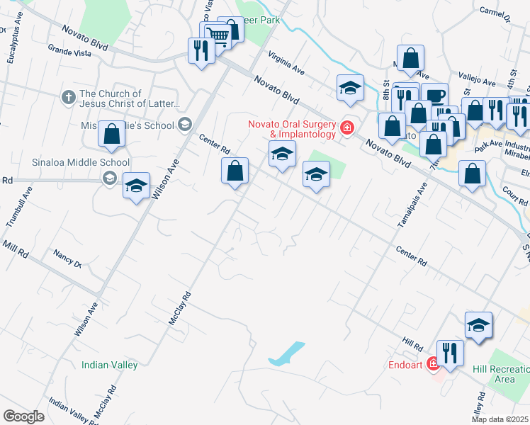 map of restaurants, bars, coffee shops, grocery stores, and more near 22 Garaventa Court in Novato