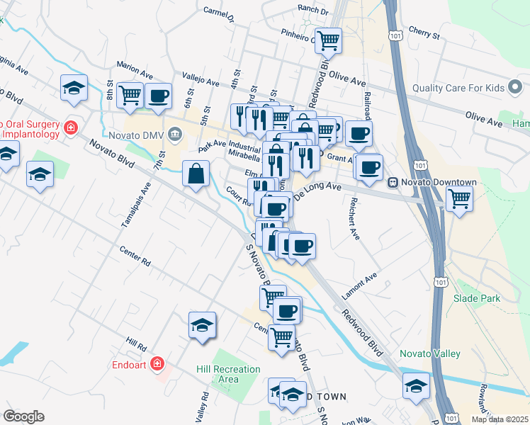 map of restaurants, bars, coffee shops, grocery stores, and more near 975 Diablo Avenue in Novato