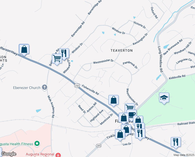 map of restaurants, bars, coffee shops, grocery stores, and more near 6 Warwick Lane in Fishersville