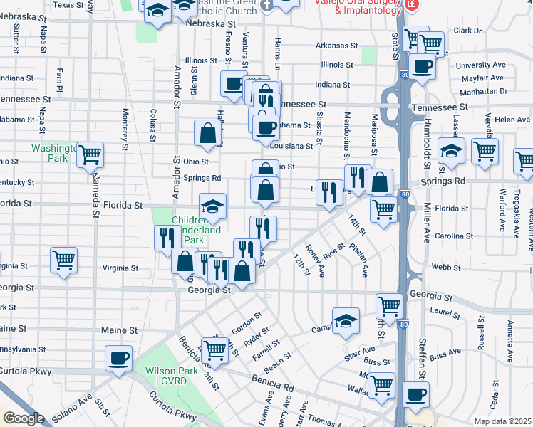 map of restaurants, bars, coffee shops, grocery stores, and more near 522 Tuolumne Street in Vallejo