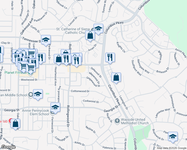 map of restaurants, bars, coffee shops, grocery stores, and more near 160 Maywood Drive in Vallejo