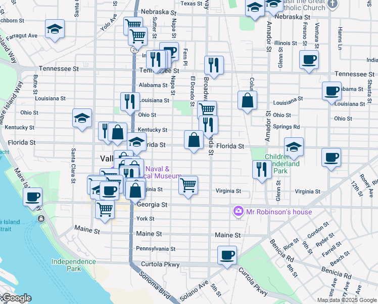 map of restaurants, bars, coffee shops, grocery stores, and more near 919 El Dorado Street in Vallejo